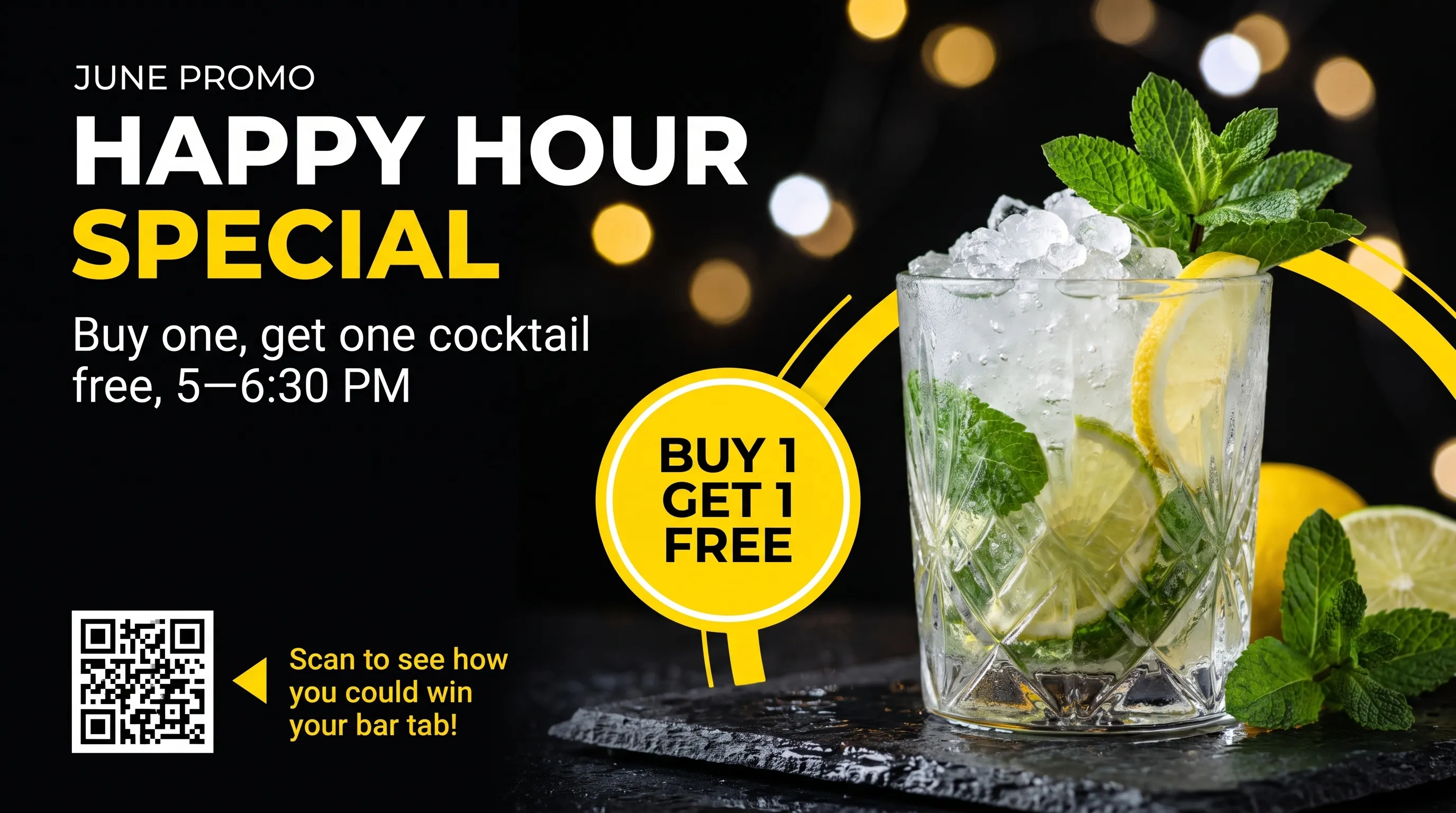 Happy hour digital signage slide for a bar