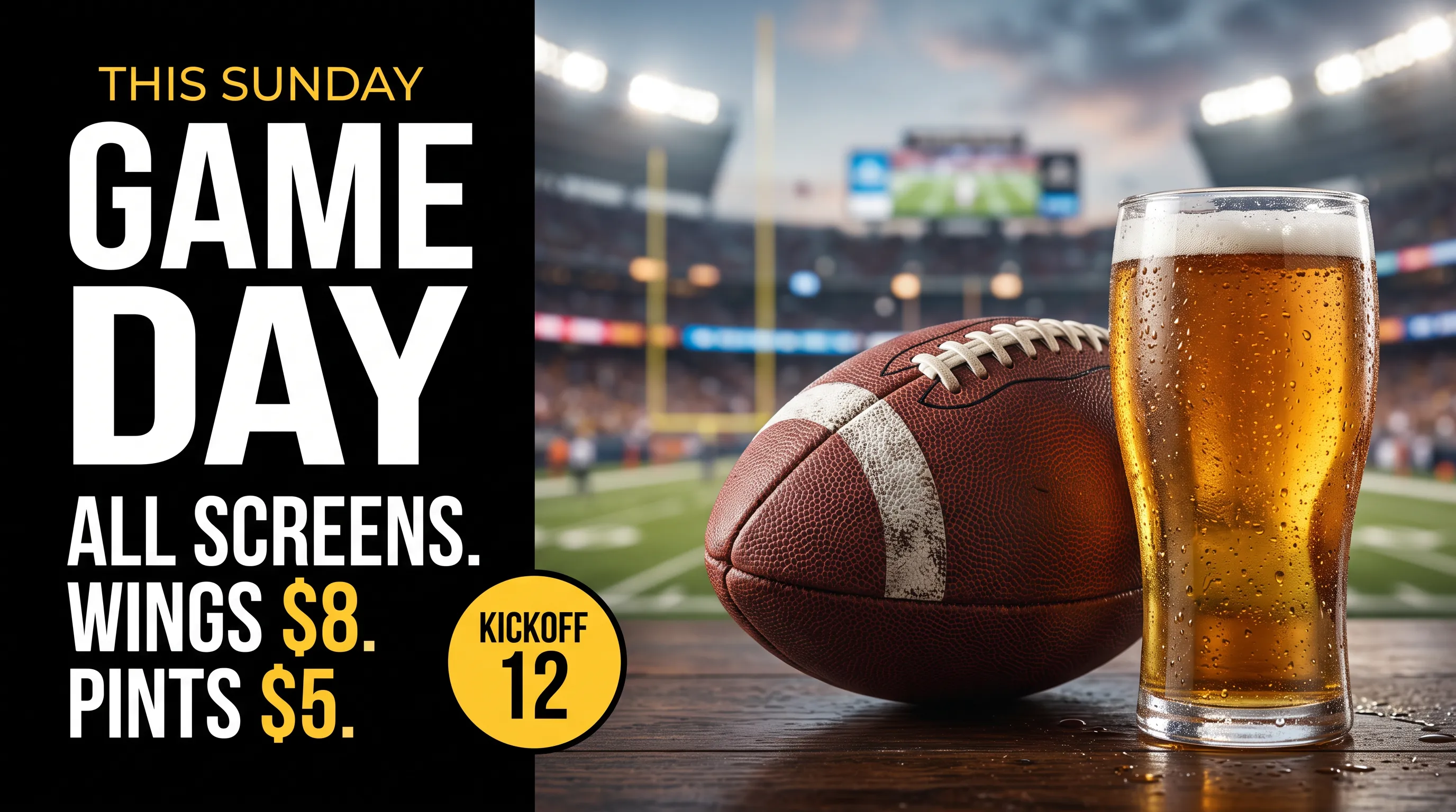 Game day promotional slide for a sports bar