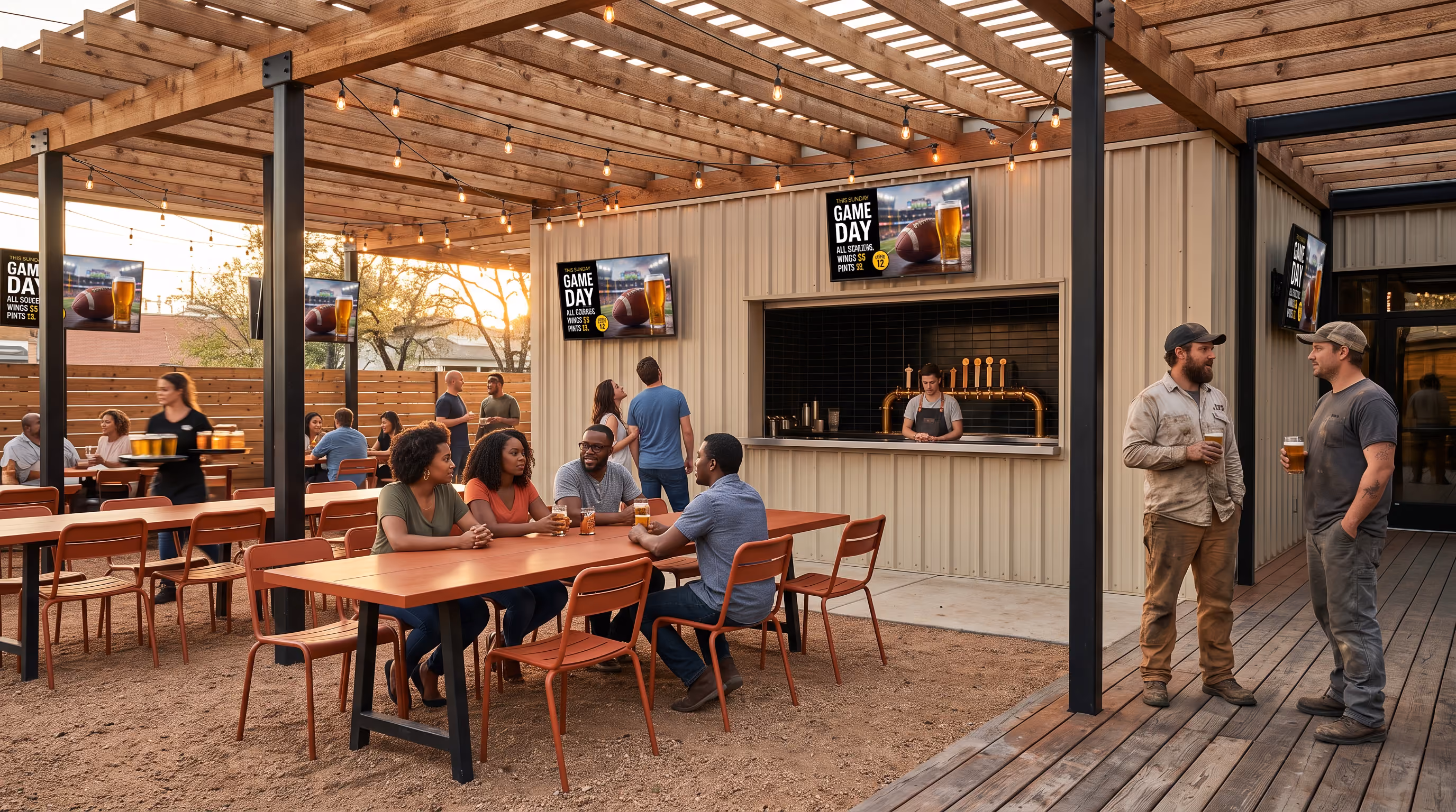 Bar patio with happy hour promos and menu boards playing on multiple mounted TVs