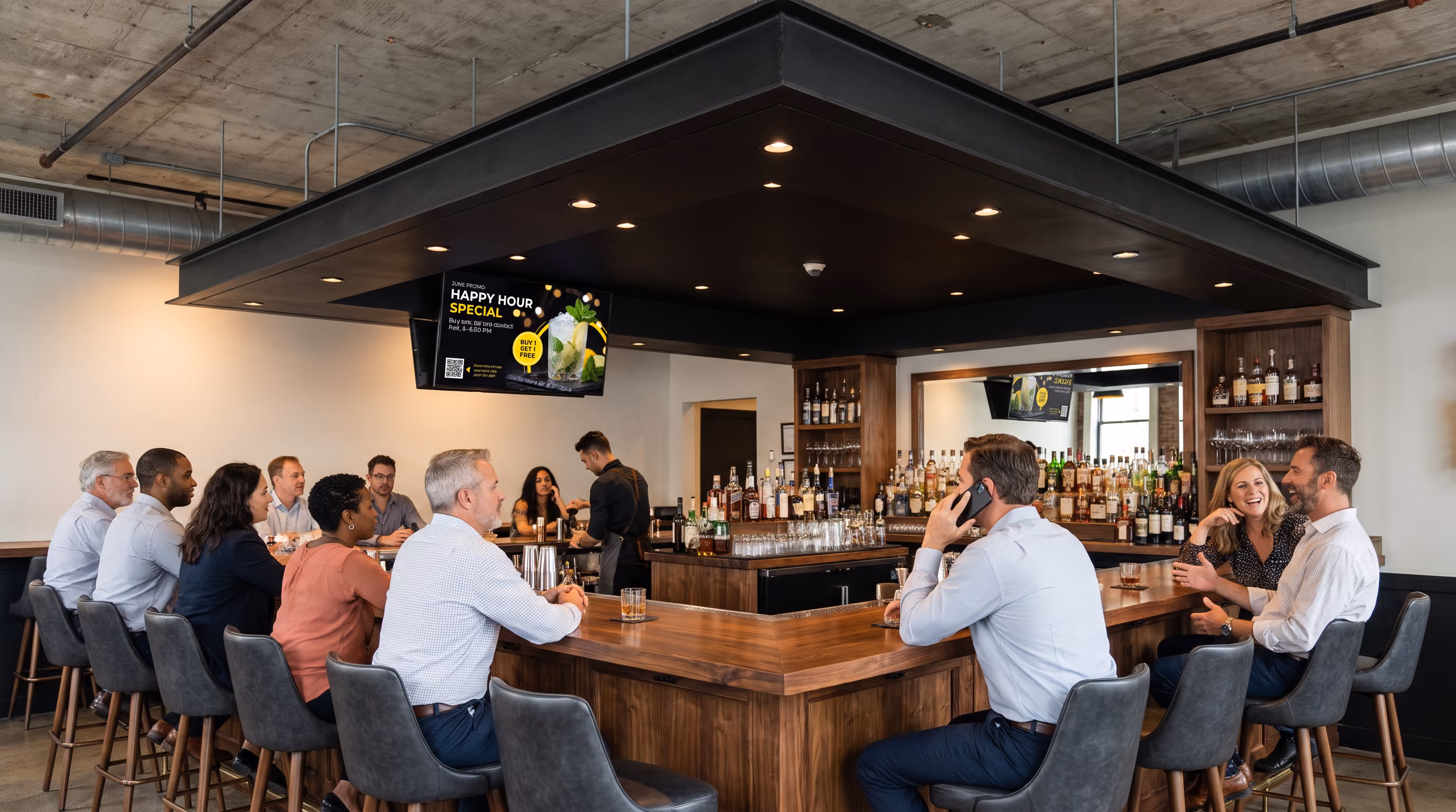 Hotel bar TV playing a digital signage promo from a locally cached Apple TV