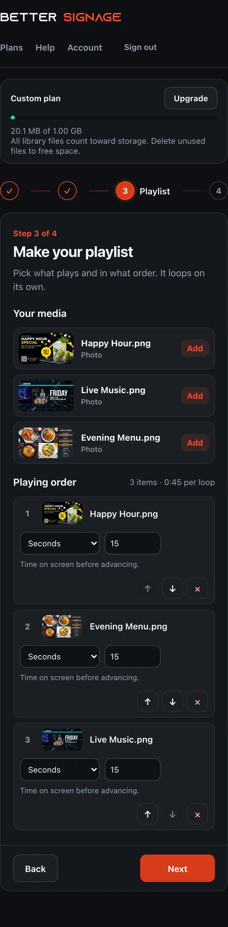 Better Signage customer Playlist step with three sample images, order controls, and fifteen-second durations.